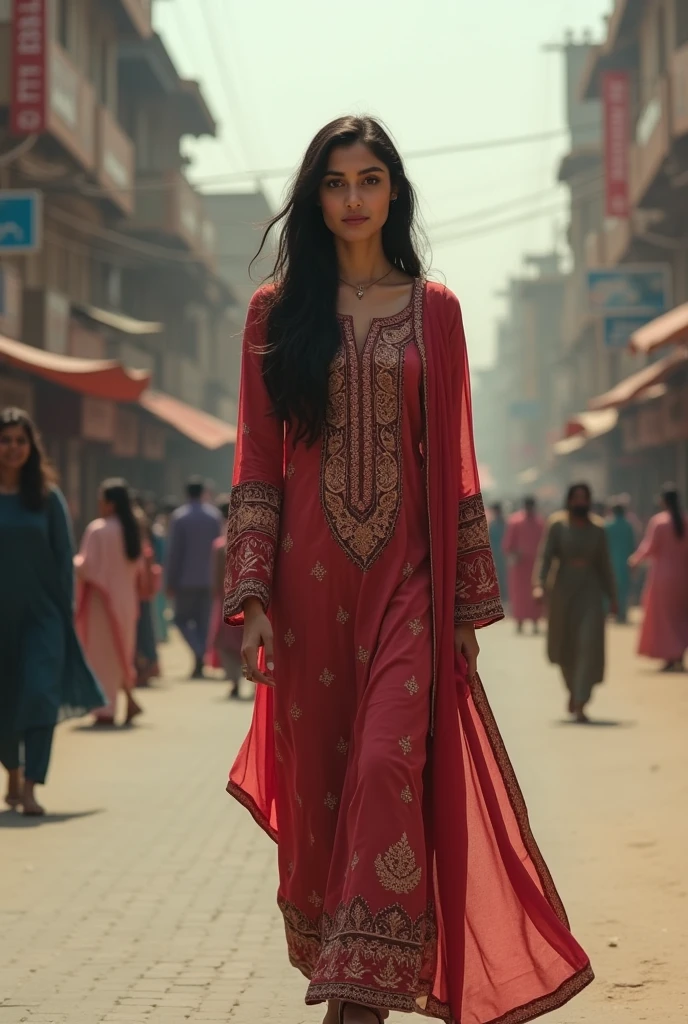 Pakistani girl  in salwar suit full sleeves sleeves walking on road 