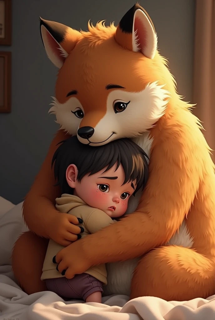 A furry hugging a little kid as the kid crys