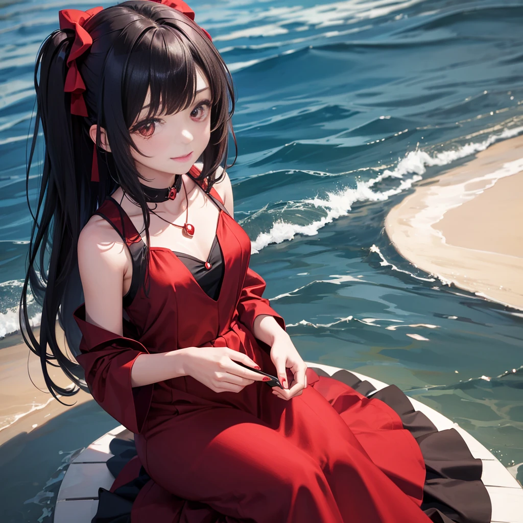 1 Girl, by Chihara, Smile, Long hair, Dark dress, Upper Body, Red pendant