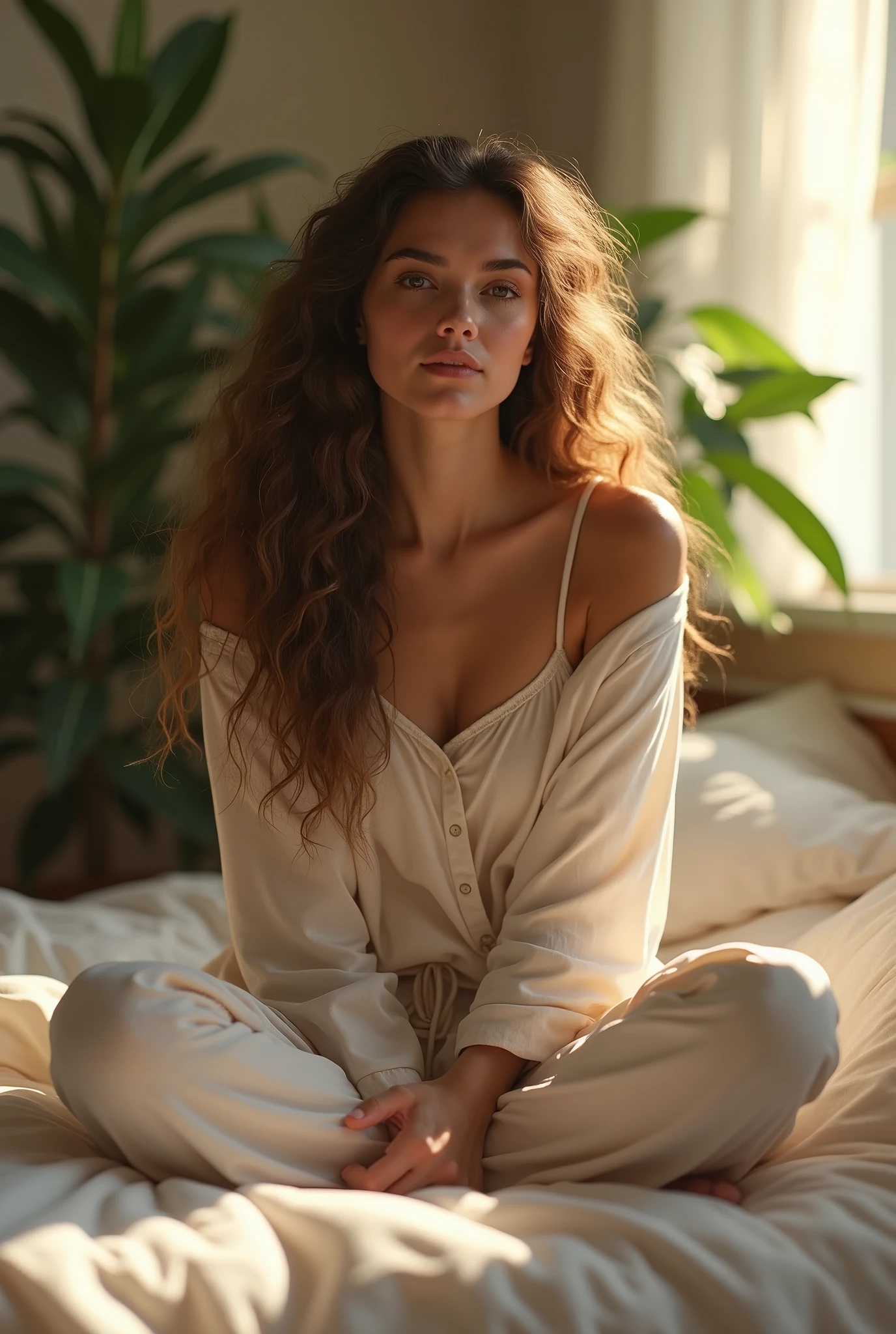 (photorealism:1.2), beautiful woman, sitting on bed, wearing loose off-shoulder top, pajama pants, long curly hair, indoors, soft lighting, plants in background, window with sunlight, cozy room, relaxed pose, realistic, intricate details, warm colors, by Greg Rutkowski, by Alphonse Mucha
