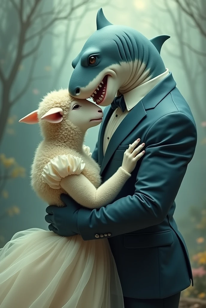 a sheep in a dress kissing a muscular shark in a suit