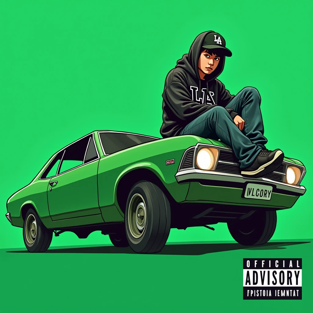 Image of a man sitting on the bonnet of a car, Yoshihiko Wada's album cover, winner of the behance contest, Doodle, official artwork, rap album cover, hip - hop album art cover, colored album art, hip hop music album cover, rap album cover art, official fanart, GTA Cover, hip hop album cover, album art cover, G-FUNK Hip Hop album cover, green background, green car, with the words 'If WONA behemes a gangster' on the back of the picture, an Asian teenager wearing a black LA hoodie, a black LA ball cap with a deep press and a wide pair of jeans down, a troublemaker boy sits on the bonnet of a car and lets the car out to the side. dark green