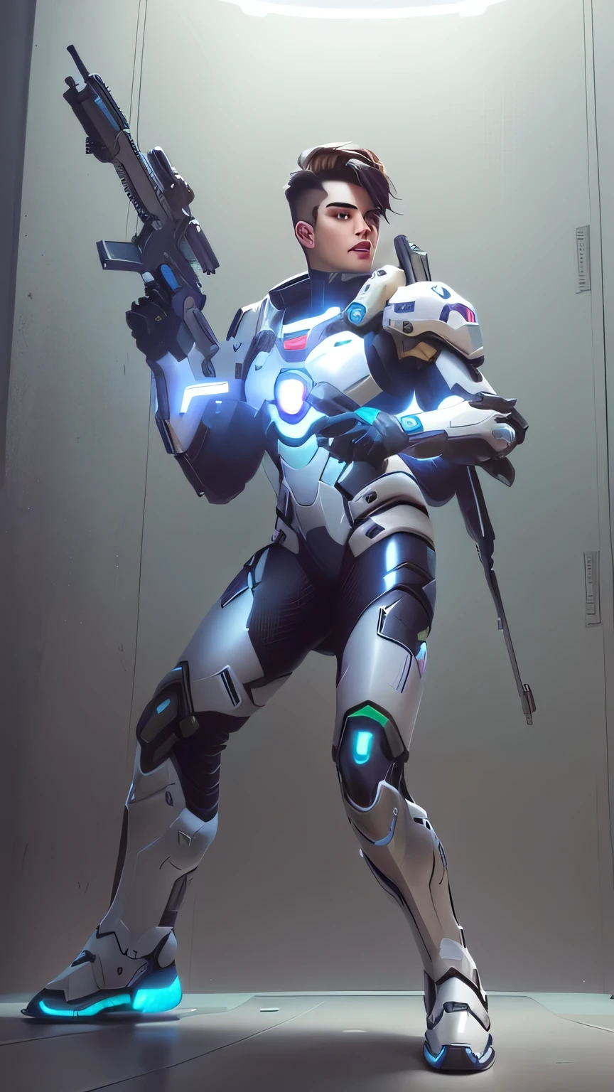 Overwatch sci-fi character art, Wearing sci-fi military armor, Sci-fi characters Sci-fi soldiers, Sci-fi suit,Dressed in futuristic white armor，Cyberpunk boy，Bird&#39;s-eye view，Short and clean hair，Caucasian，Cheerful，Looking back at the battlefield in the distance，Wearing a mecha suit，handsome guy，High-definition quality，High-quality posters，8k，