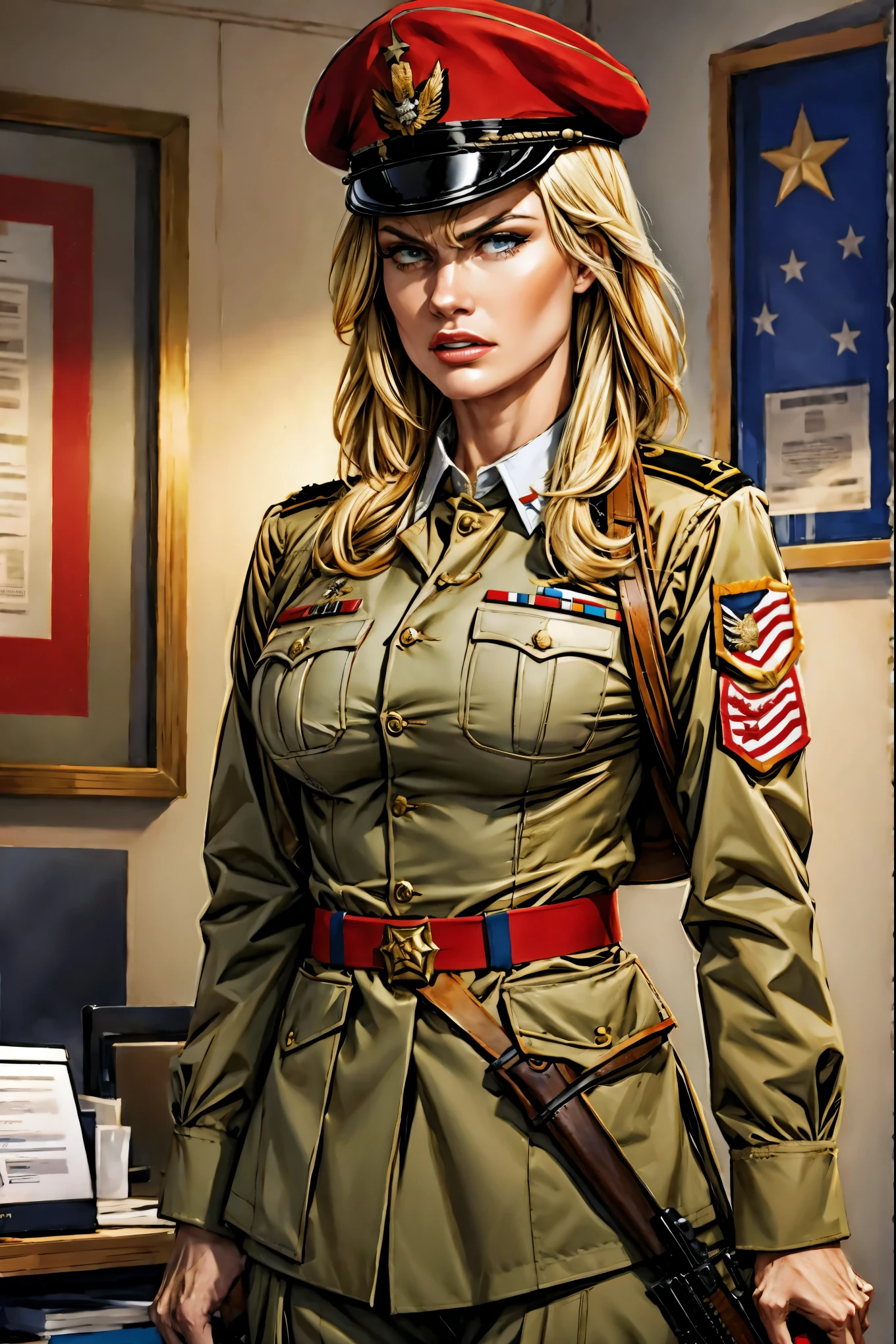 ell3nr0ch3, dressed as a US Army general {military uniform and hat}, on alert, looking angrily at the spectator, in a headquarters