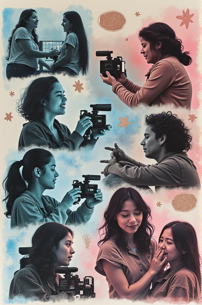 I have to creatively create a poster for a film festival, The theme is to intervene in history and requires using photos other than black and white of students making films., The photos are not related to each other and remain in black and white out of nostalgia.. I must use elements of intervention on the black and white photos, an official palette of pastel sky blue, pastel pink and a pastel copper color, They want me to intervene the images with different techniques and these colors, with crayons, figures embroidered on the image, Textures, collage, etc. The name of the film festival is FICUC. I want you to create suggestions for the poster right now, Make it look handmade and remember that the poster is advertising a film festival. You can scratch the photos