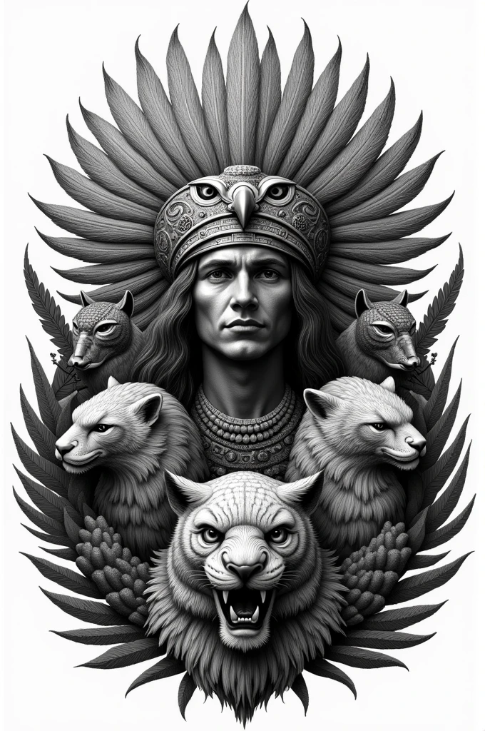 Create a beginner engraving style drawing in black with a man with a pre-Hispanic headdress with the head of an eagle around him., An owl , a panther and a jaguar. Let it look like an emblem with a maguey