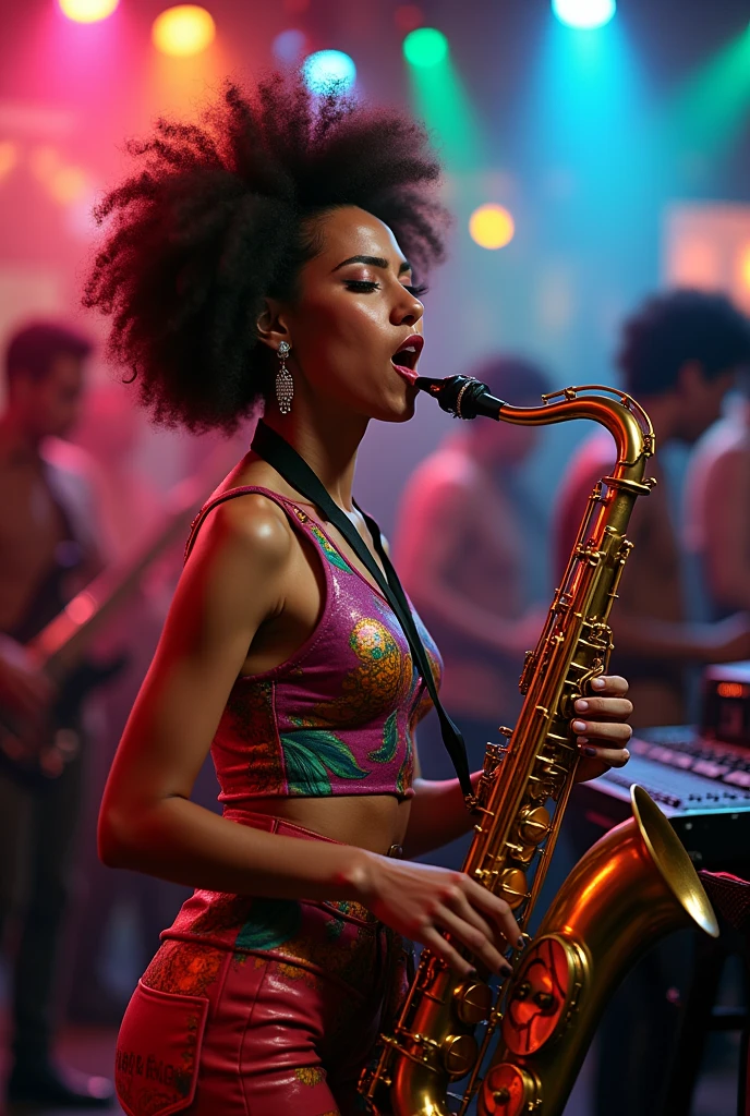 (masterpiece, Highest quality), A Japanese woman with afro hair playing the saxophone, beautiful顔, , beautiful, Small breasts,band, Cool vibe,, Cute night vibe, concentrate,, Funk , Neon colored clothes , Small breasts, smile, live house,Pixar Style,whole body