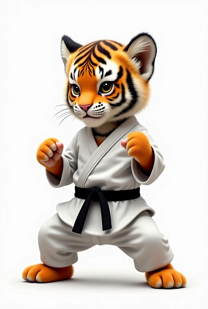 tiger cub in karate costume on white background