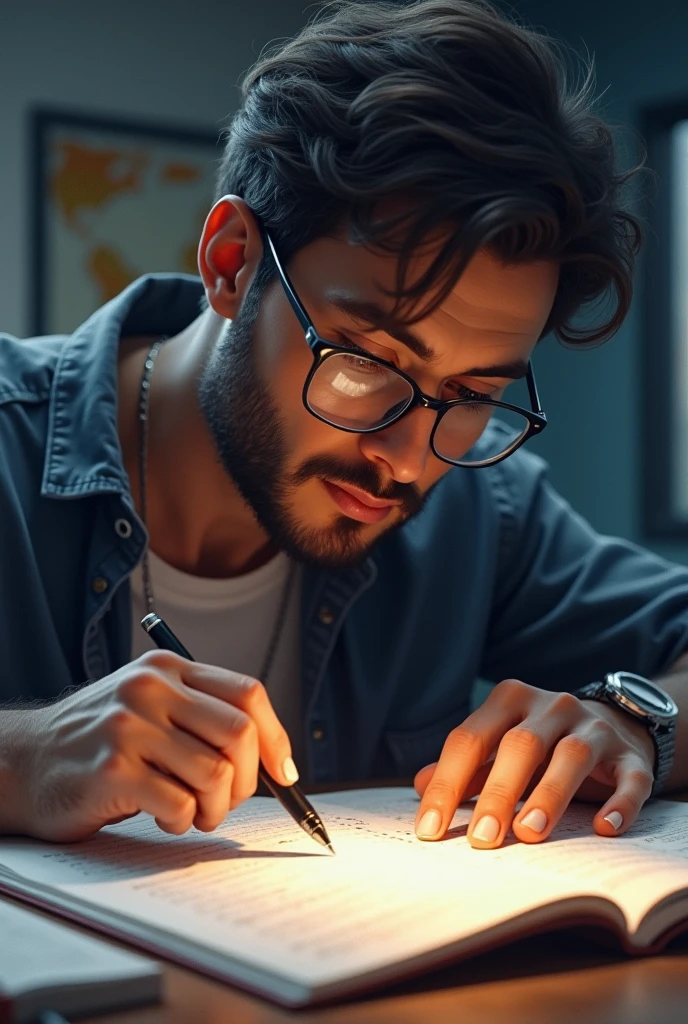 a guy wearing glasses is solving