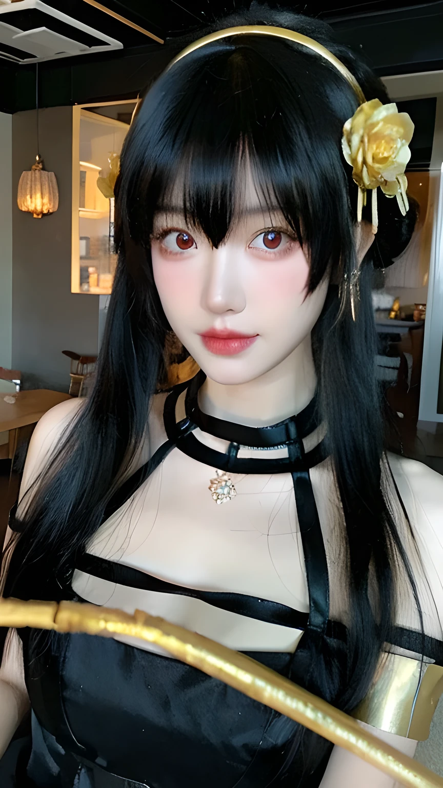A portrait photo of a Japanese woman in her twenties,Made of white and silver clear glass and plastic, Geisha makeup, Black Hair, Silver and gold metal interior, Dynamic poses, Fluid organic structure, Fine carving, Lace design, Glowing Golden Circuitry, colorful Neon decoration, Fine carving, Lace design, Light-emitting circuit, Neon decoration, Art piece of H.R. Giger, Greg Rutofsky