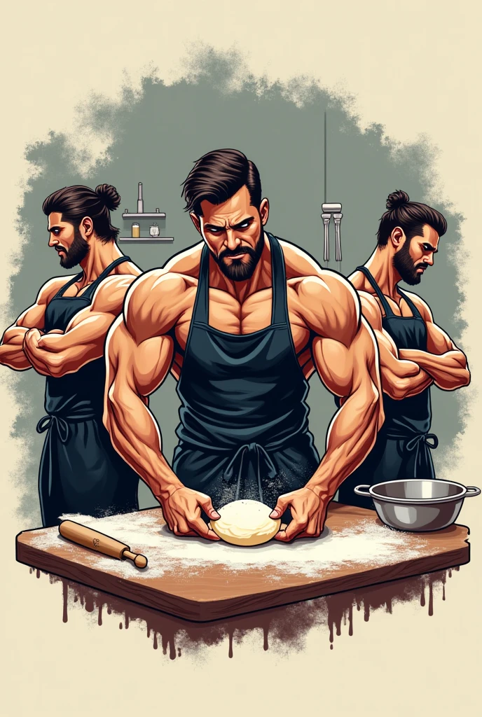 digital painting. action shot. epic fantasy, medieval. a handsome muscular compassionate (medium-dark-tan-skinned:1.3) 35-year-old bedouin (baker:1.6) decorating cookies in the kitchen. short hair. (short beard:1.5). body hair. tunic. jewelry. smooth lines, perfect composition