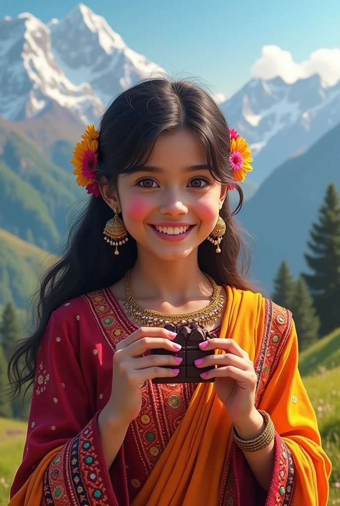 Create a attractive poster for a chocolate brand , showing a girl in Himachal traditional dress eating chocolate