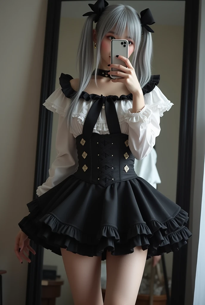 highly detailed, beautiful, hyper Realistic girl, masterpiece, best quality, Japanese sexy gravure Instagrammer, 28-years-old, identity hidden, all body shot, , takes a selfie in her room using a smartphone in front of a mirror with one hand, fashion model Posing, standing, looking away from the camera, /// gray arranged hair, light color eyes, Realistic skin, Detailed face, /// casual Pierrot Costume, Opt for a fitted corset bodice with black and white diamond patterns, accentuating the waist, Layer with a ruffled, off-the-shoulder blouse in contrasting black and white hues, adorned with oversized bows for a whimsical touch, Pair with high-waisted black skirt, featuring exaggerated ruffles or pleats for added volume and drama, Accessorize with black and white striped stockings or tights, and patent leather ankle boots with oversized buckles for a modern twist on classic clown footwear, arranged gray hair, /// Monotone simple modern taste single room, mirror, complicated background