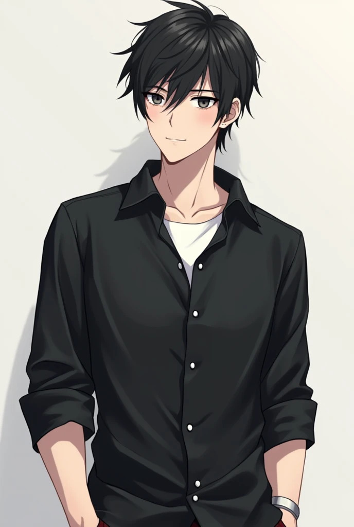 27 year old white anime guy with blue lock art, Black hair with a side part and a small volume, Forward at eye level, Wear a casual button-down shirt with no wrinkles on the sleeves in black., no pocket, Open with a plain shirt inside., An indifferent expression with black eyes., Have a strong and well-defined body., An unattractive full-body front view, Change into an English nobleman&#39;s shirt, Beautiful face