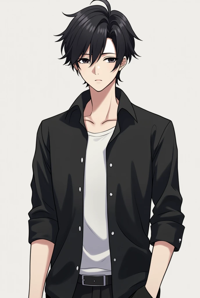 27 year old white anime guy with blue lock art, Black hair with a side part and a small volume, Forward at eye level, Wear a casual button-down shirt with no wrinkles on the sleeves in black., no pocket, Open with a plain shirt inside., An indifferent expression with black eyes., Have a strong and well-defined body., An unattractive full-body front view, Change into an English nobleman&#39;s shirt, Beautiful face