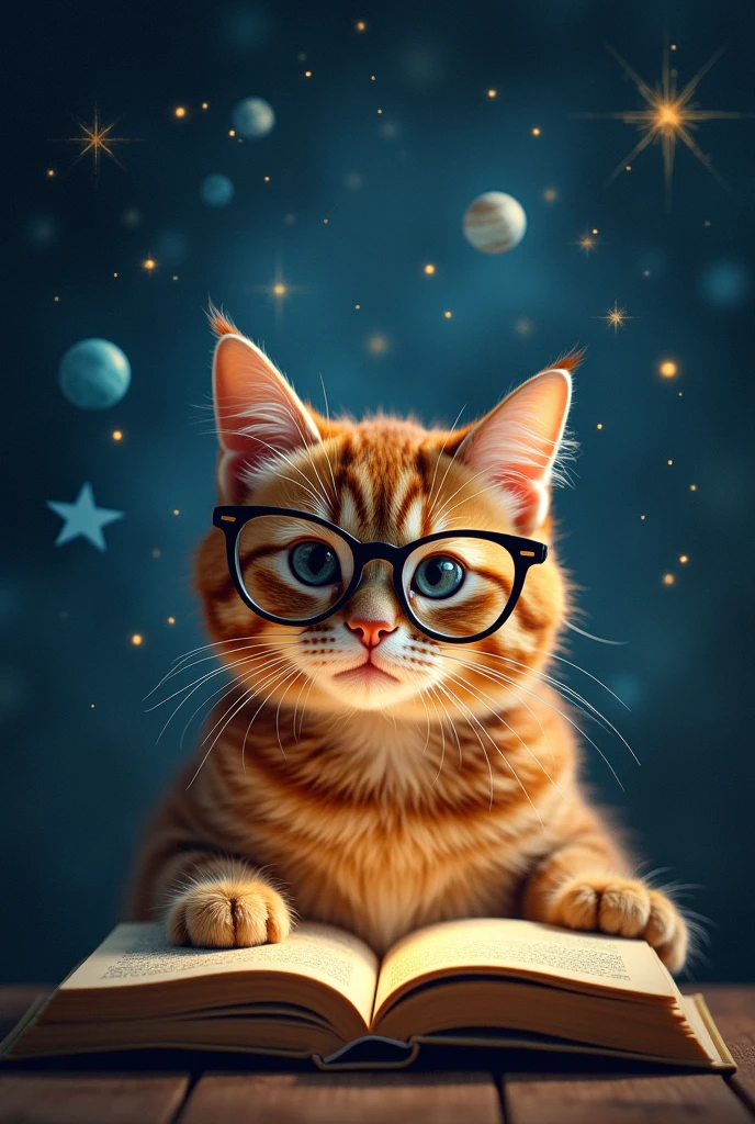 A brown cat is reading a book seriously,Wear glasses,宝箱にはHealingの公式が現れる,background,Night Sky、star々,backgroundに宝箱があります,((Astronomical formulas emerge from the book:2))、Healing、healing