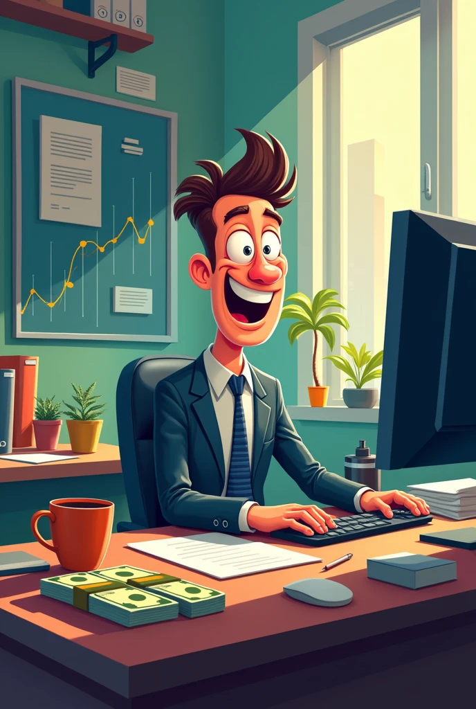 A cartoon man is a trader, has USD and a computer monitor with 3 graphs.