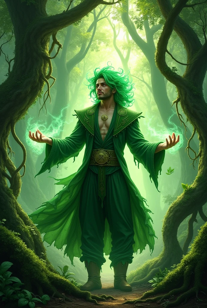 A man in a forest, green haired, with green clothes, controlling with green magic roots and plants around