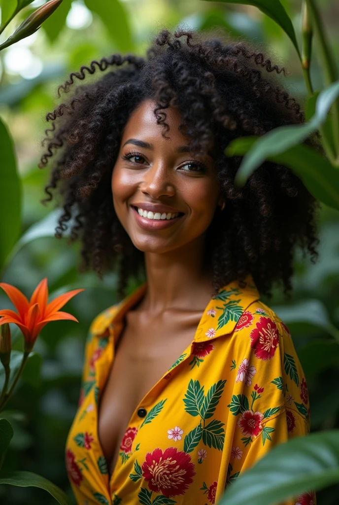 A Brazilian woman in a lush tropical garden, wearing an open shirt with a floral print, with a close-up capturing the harmonious beauty between her breasts and the natural flowers, showing off your natural charm and outgoing personality.