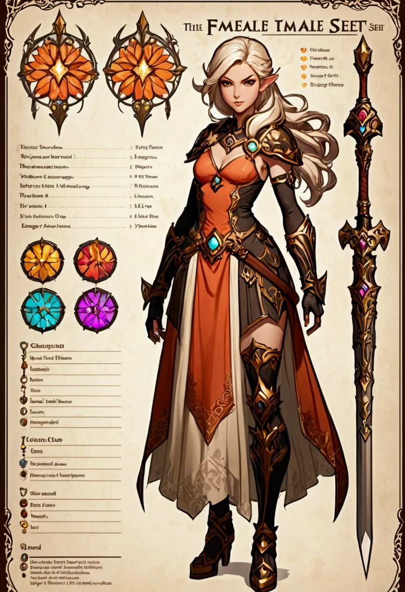 Fantasy female character sheet with sweet dress weapon powers dress stats , full hd , 16 K 