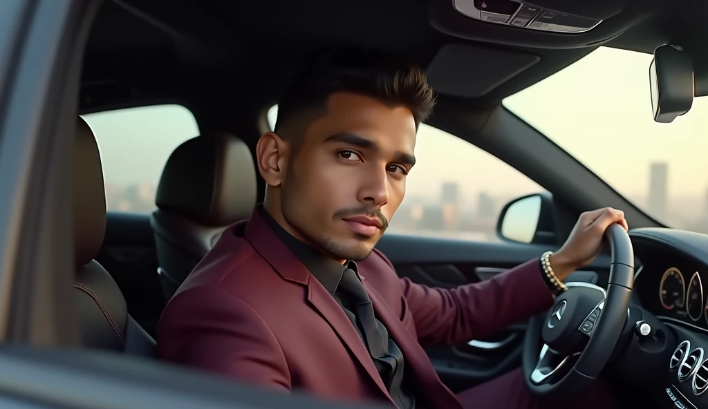A 24 year old handsome Indian boy named Vicky is sitting on the driving seat of a Mercedes S class. He is wearing a maroon coloured 3 piece suit.