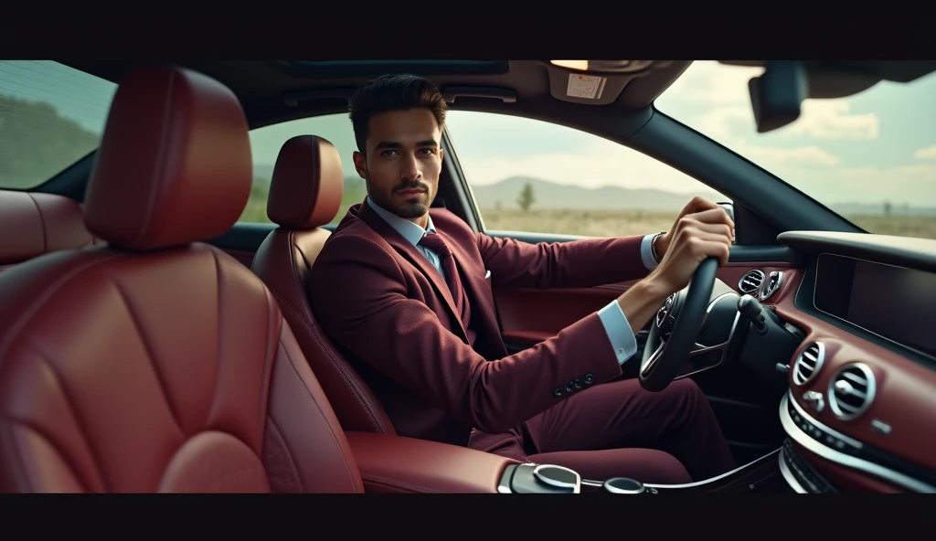 A 24 year old handsome Indian boy named Vicky is sitting on the driving seat of a Mercedes S class. He is wearing a maroon coloured 3 piece suit. 