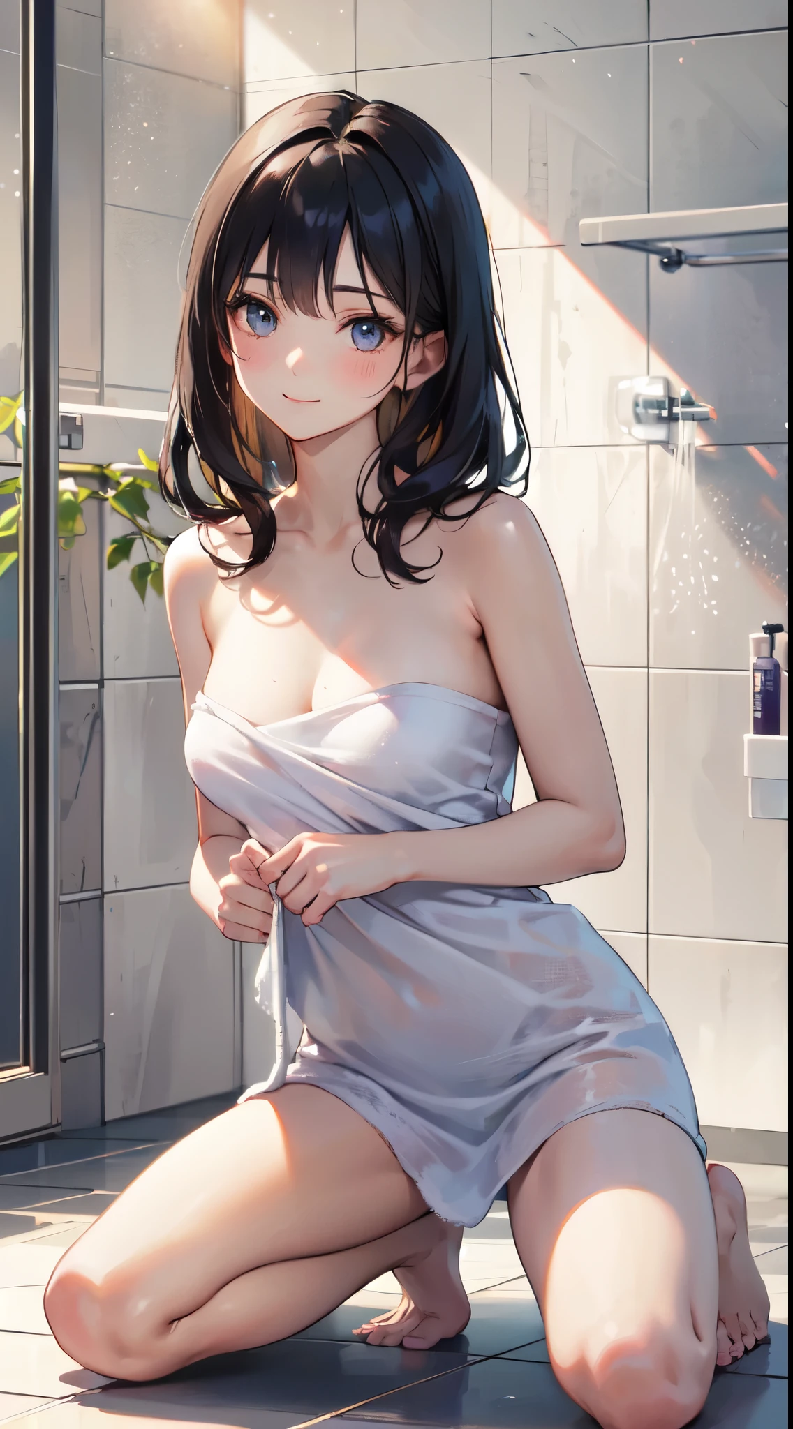 1girl in、A smile、A delightful!、Taking a shower in the bathroom、barechested、（small tits）