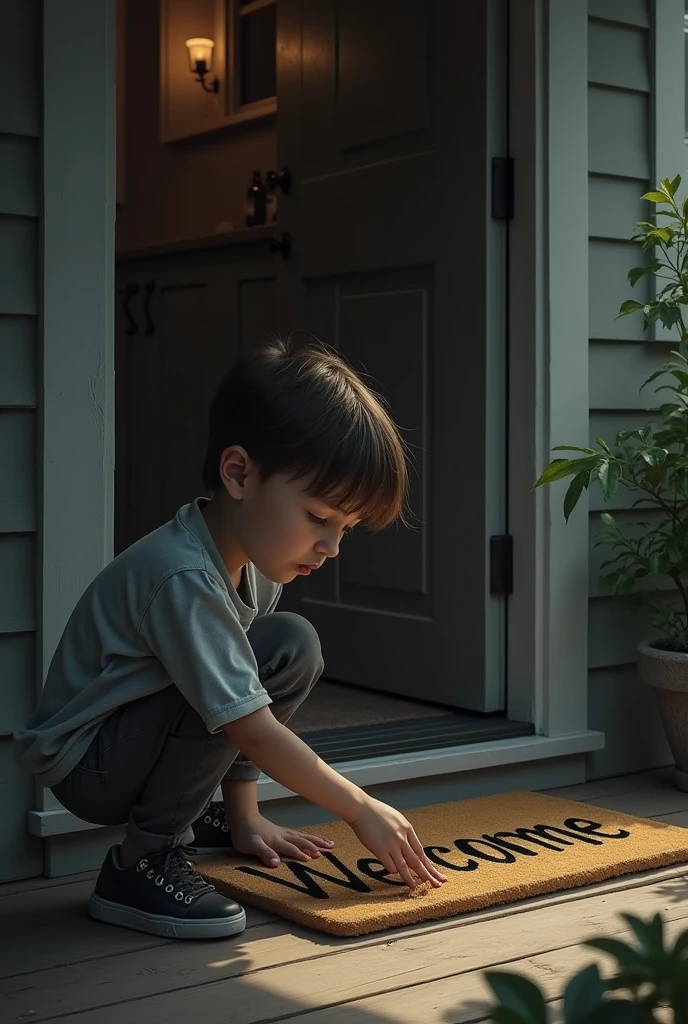 an image that represents the phrase —Mom, There's someone upstairs, I said, cleaning my shoes as she had ordered., on the doormat with the “Welcome” sign.