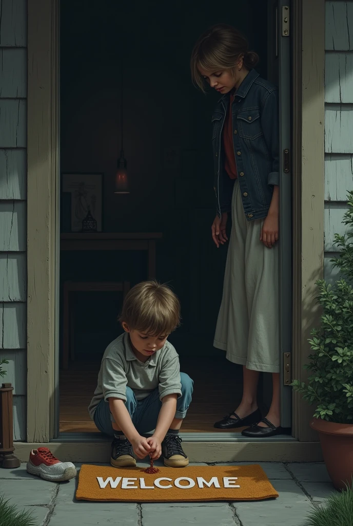 an image that represents the phrase —Mom, There's someone upstairs, I said, cleaning my shoes as she had ordered., on the doormat with the “Welcome” sign.