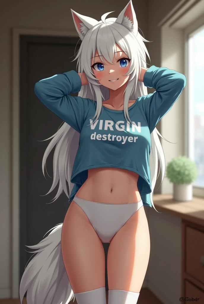 (1 girl:1.2),  ((fluffy, antro, wolf girl, Wolf ears, wolf tail)), One, smile, I look at the viewer, hands behind your head, long hair, White hair, Blue eyes, (virgin_destroyer_sweater:1.5), side tit, lower chest, white panties, white knee socks, in room, corridor , realistic, Photo