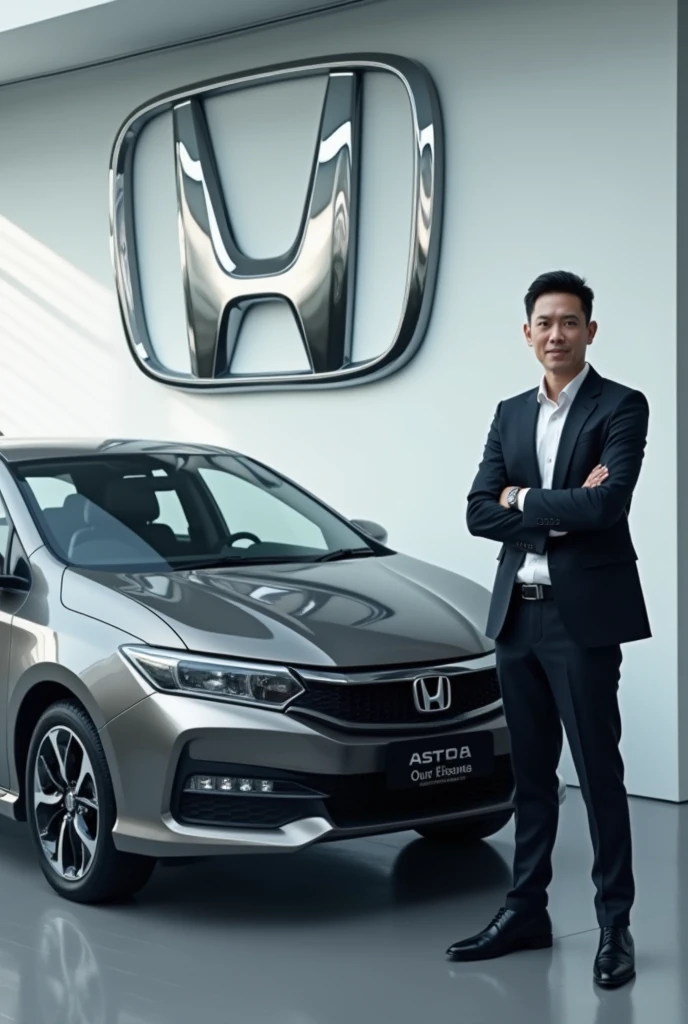 Image of a person standing next to the Astra Honda Motor logo