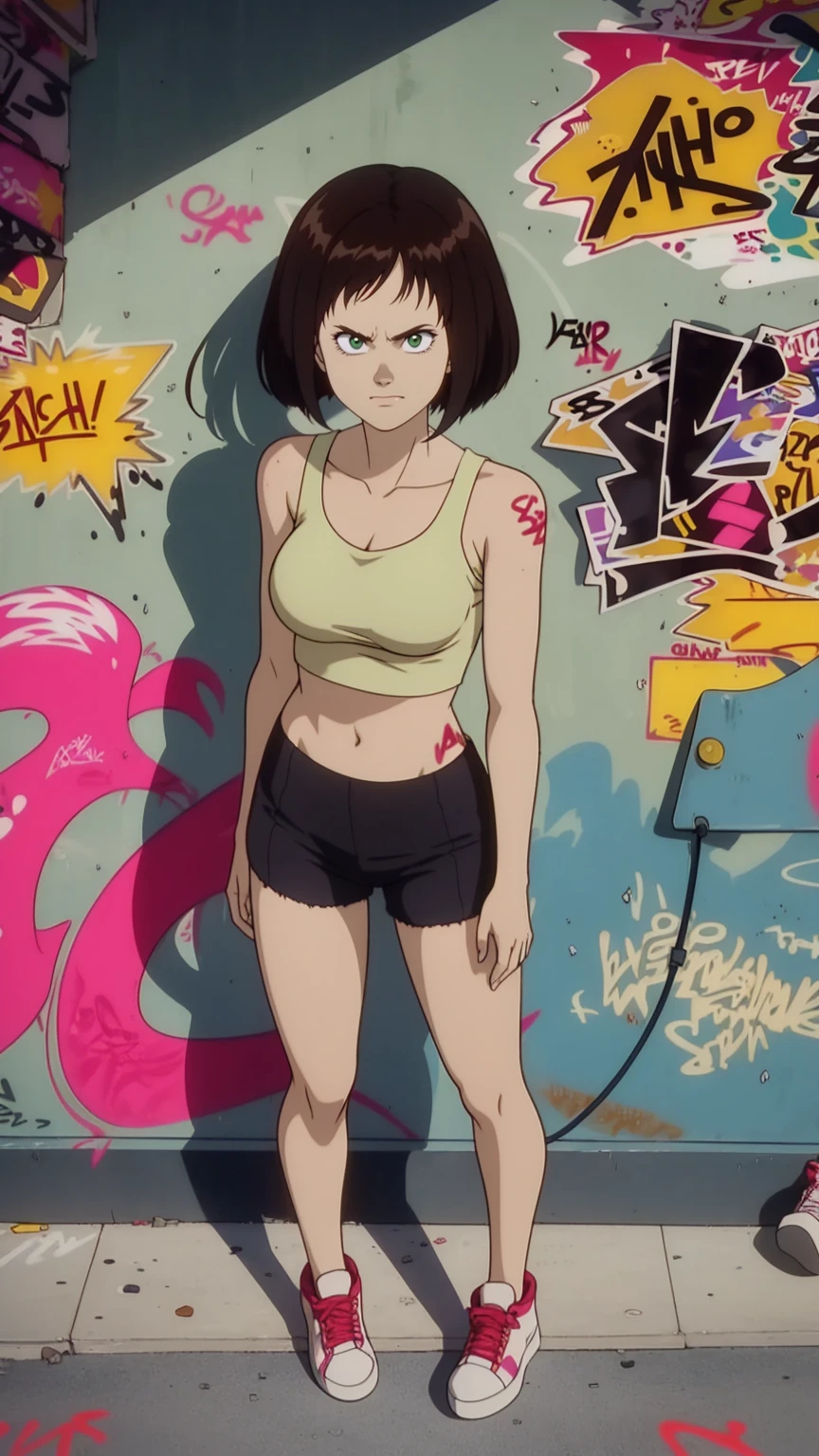 An alluring girl, standing on a pile of rubble, brown hair, bob cut hair, expressionless, closed mouth, shorts, crop top, sneakers, full body, (best quality, high resolution, outstanding composition, masterpiece:1.4), (manga linework:1.2), high details, vivid colors, pavement, (graffiti:1.5), from above