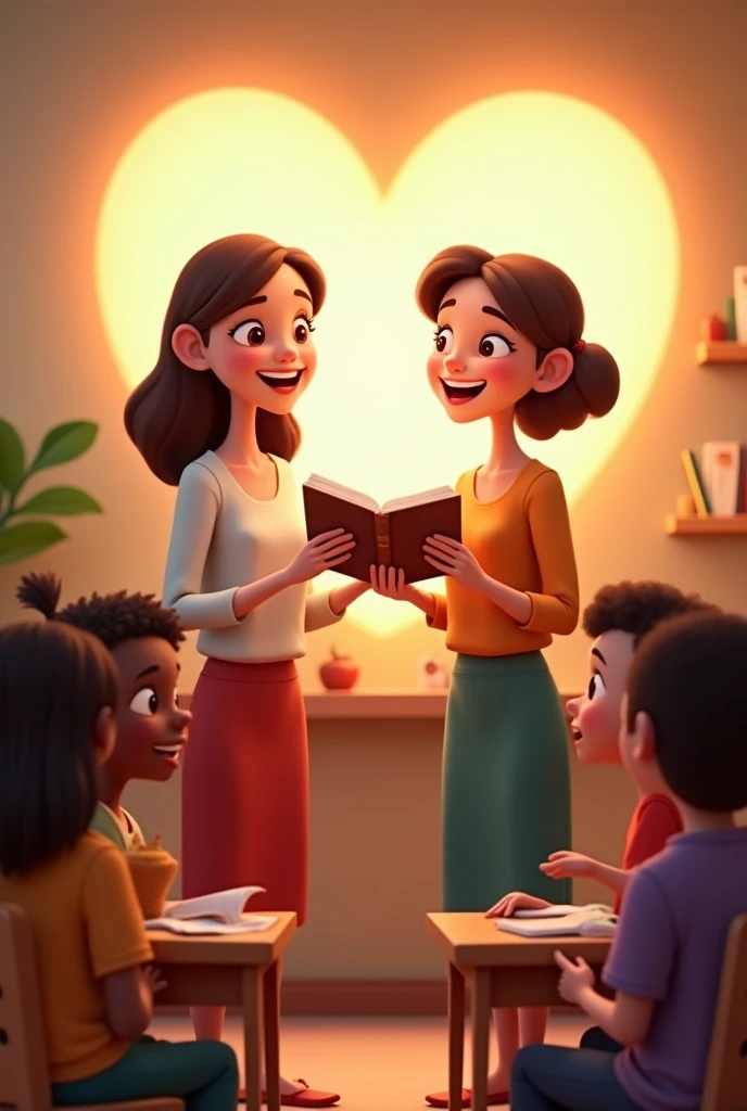Two women holding a bible with children on either side and a heart behind them in the background in Sunday school in animated cartoons