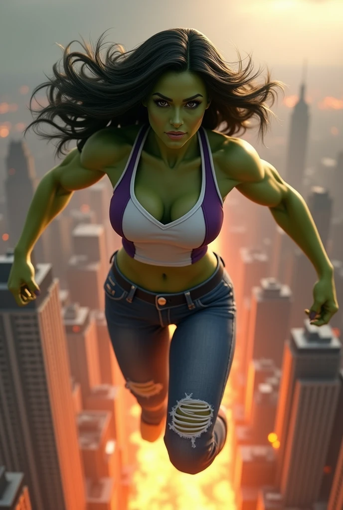 A beautiful woman with olive green skin all over her body Jeniffer Walters alias She-Hulk long black hair wearing a white and purple sports top and ripped jeans because of her muscles flying over the city skyscrapers and buildings on fire thick legs and arms with muscles