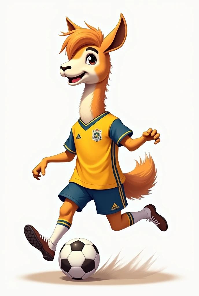 Drawing of the Olympic Vicuña mascot with a soccer shirt and a ball