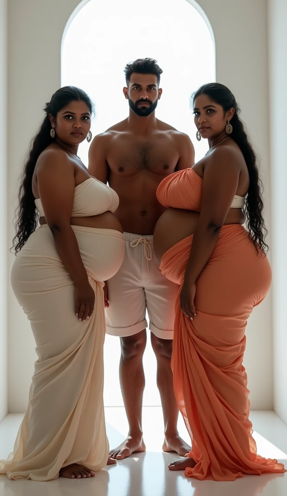 Two hot curvy white south indian milf with long single plaited hairstyle, big breast, big hip, very big ass, thick thighs, woman wearing sexy saree, looking at camera, man in middle and two woman, tall man and short woman, in white room, man with short side fade hairstyle, muscular body, beard, looking at camera