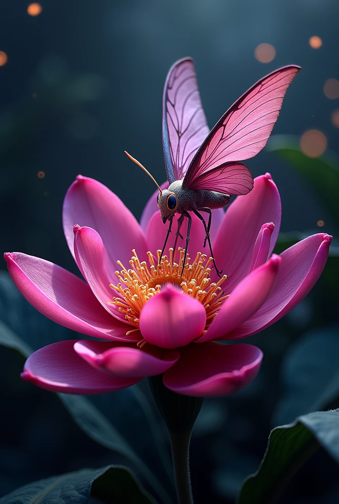 Dragonfruit flower with giant nocturnal moth absorbing nectar from the flower
