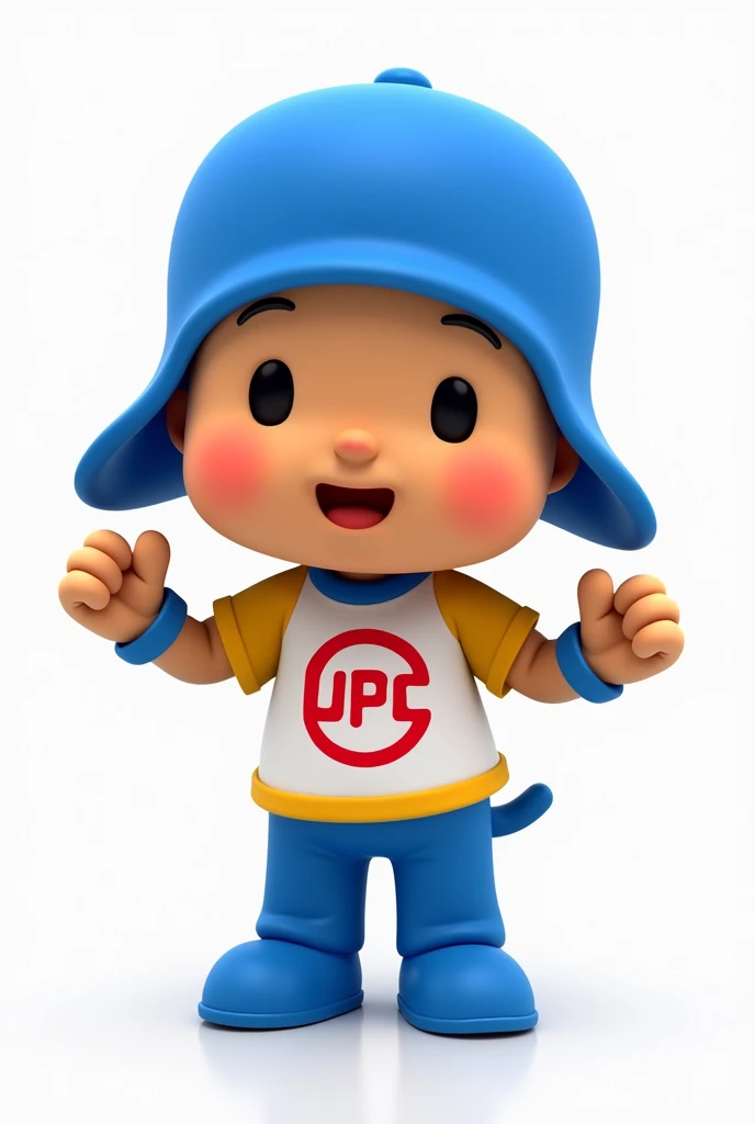 Pocoyo with a t-shirt with the logo of the Peruvian University UPC in red letters, muy parecida al siguiente emoticon ♨️