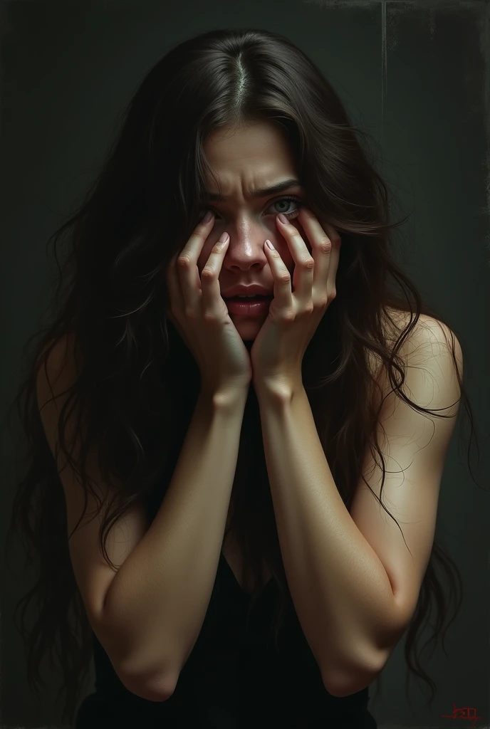 woman with dark brown wavy hair, covering her face dramatically with her hands while she's crying. dark atmosphere