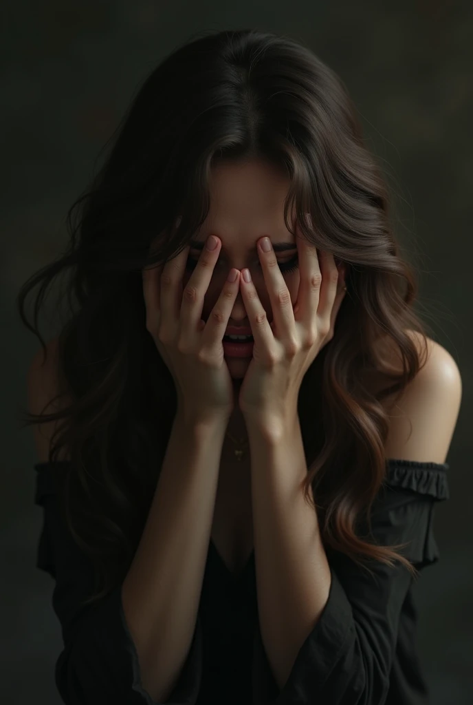 woman with dark brown wavy hair, covering her face dramatically with her hands while she's crying. dark atmosphere 