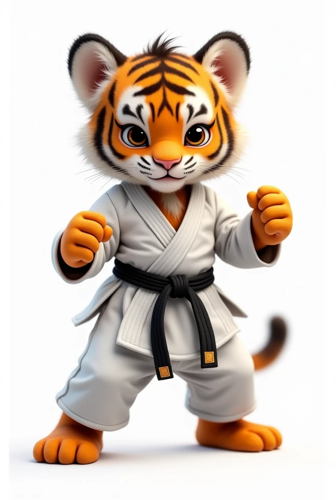 tiger cub in karate costume on white background