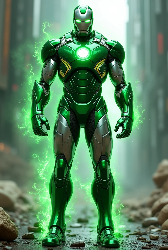 Fusion between Iron Man without helmet and Green Lantern with black armor and silver stripes