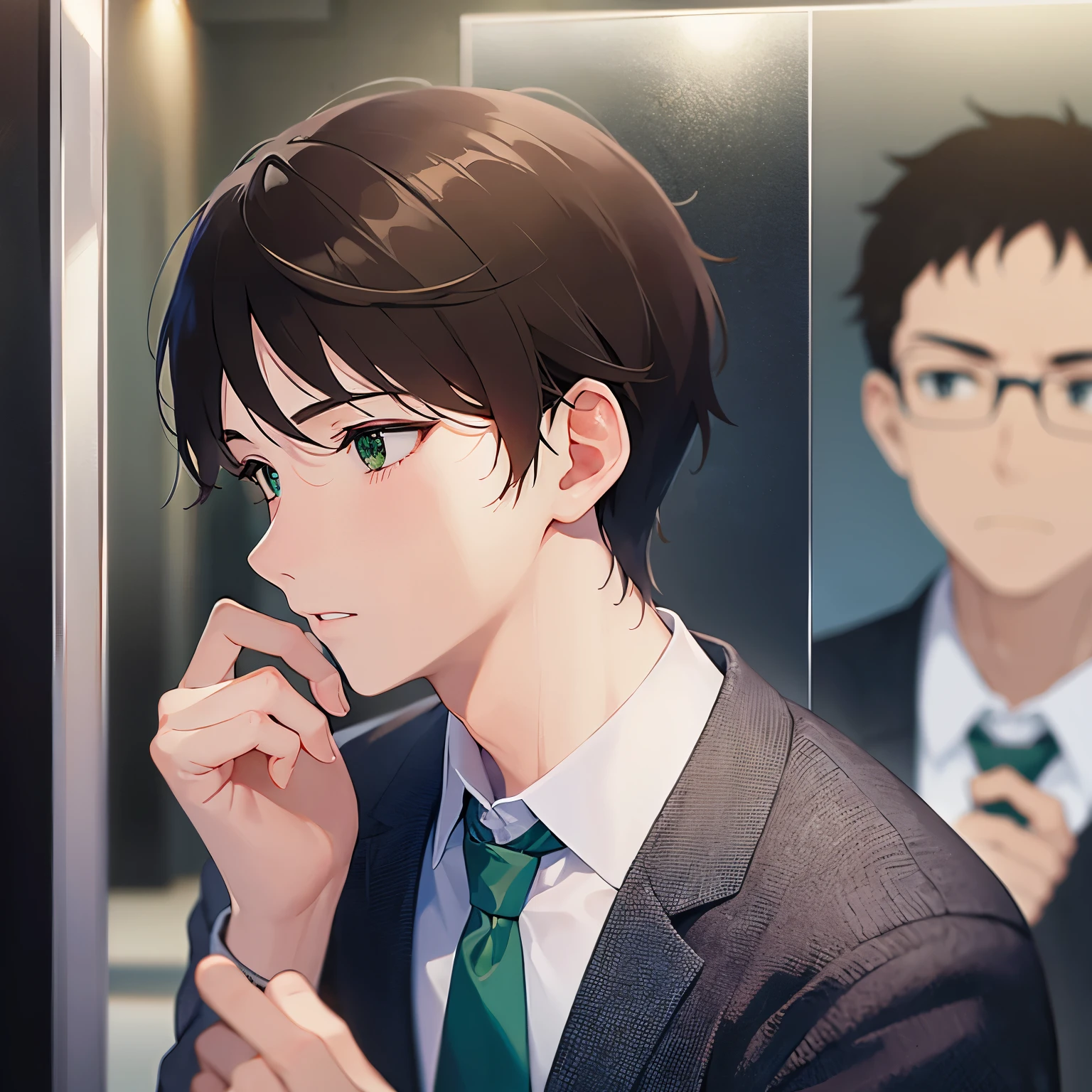 （looking away:1.5）Upper Body, Hands on the chin、
shiny skin, masterpiece、Highest quality、
BREAK (25-year-old male:1.5) and (Brown short hair) and (Green Eyes)BREAK
 (white collared shirt) and BREAK(Green tie)BREAK
serious、The background is the conference room、(alone:1.5)