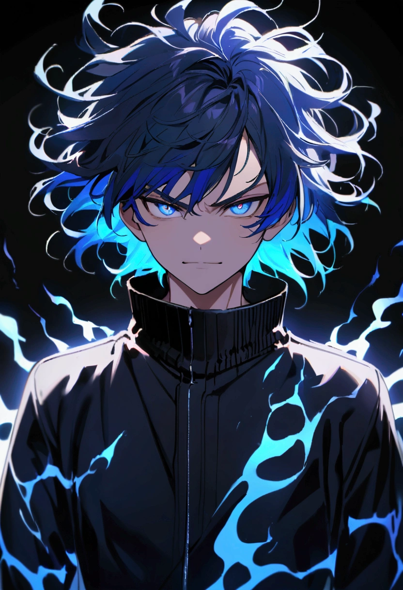 age boy, Messy hair, medium length hair, multicolored black and blue hair, blue colored eyes, serious face, simple smile, black jersey, school blue jacket, blue tattoos on the body, electric aura,