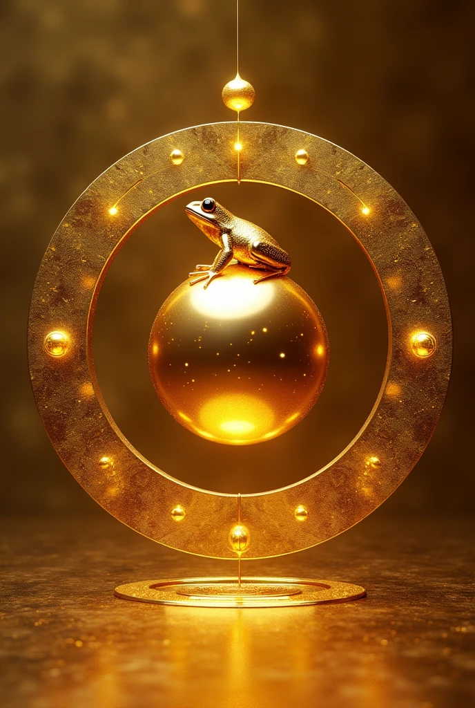 (Highest quality,High resolution,masterpiece:1.2),Very detailed,Golden,Fine golden circles,Golden sphere on a circle,Gold Texture,Golden Frog、Glossy surface,reflection,seven half circles in Golden color,small Golden sphere on top of circles,Brilliant Gold,Illuminated circle,Rich texture,Metallic luster,Vibrant colors,Artistic lighting