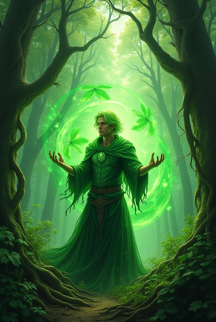 A man in a forest, green haired, with green clothes, controlling with green magic roots and plants around 