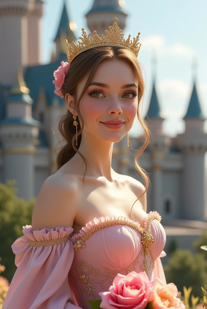 Beautiful and white young bule women wearing light pink royal dresses, wearing a golden crown, body and head position facing forward with a thin smile, bring beautiful flowers, castle background, half body