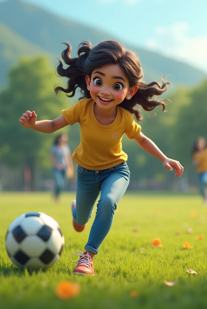 Pakistani girl in jeans and T shirt playing foot ball