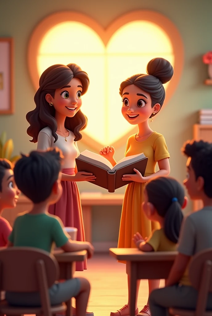 Two women holding a bible with children on either side and a heart behind them in the background in Sunday school in animated cartoons