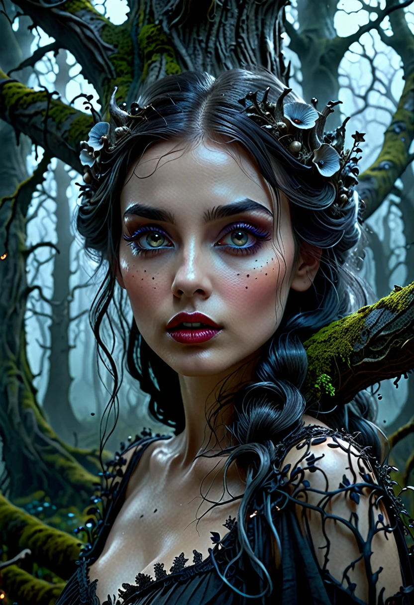 a dark fairy tale fantasy landscape, a deep mysterious forest, dark enchanted forest, sinister gothic castle, gnarled twisted trees, moonlight shining through foggy mist, eerie glowing mushrooms, haunting atmosphere, beautiful detailed eyes, beautiful detailed lips, extremely detailed eyes and face, long eyelashes, 1girl, (best quality,4k,8k,highres,masterpiece:1.2),ultra-detailed,(realistic,photorealistic,photo-realistic:1.37),dark fantasy,cinematic lighting,moody lighting,dramatic lighting,vibrant colors,fantasy art